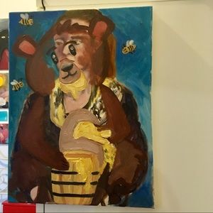 WHIMSICAL PLAYFUL honey bear portrait painting, oil on canvas